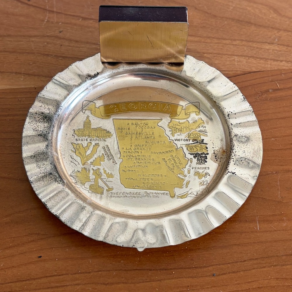 Vintage Georgia State Souvenir Ashtray with Matchbox Holder Gold Silver Tone